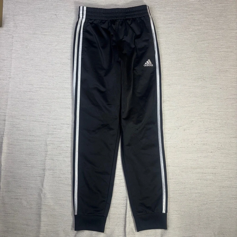 Adidas Boys Track Pants Black White Stripes Joggers Size M 10/12 Activewear